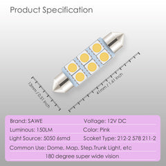 SAWE ® 578 211-2 212-2 41mm 42mm LED Light Bulb 5050 6SMD Interior Dome Map Door Courtesy Trunk Lights - Pink SAWE Lighting