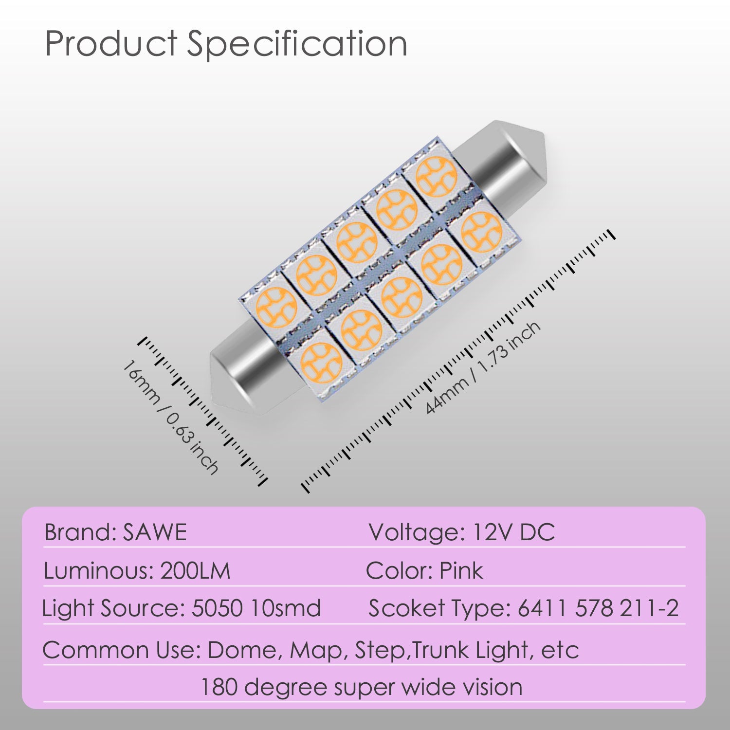 SAWE ® 578 211-2 212-2 44mm LED Bulb 5050 10SMD Interior Dome Map Door Courtesy Light Trunk Lights - Pink SAWE Lighting