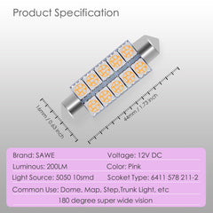 SAWE ® 578 211-2 212-2 44mm LED Bulb 5050 10SMD Interior Dome Map Door Courtesy Light Trunk Lights - Pink SAWE Lighting