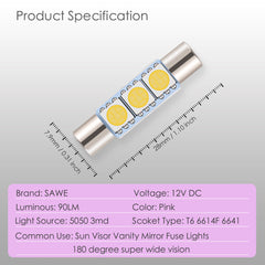SAWE ® 28mm 3SMD T6 6641 LED Bulbs Sun Visor Vanity Mirror Fuse Lights - Pink SAWE Lighting