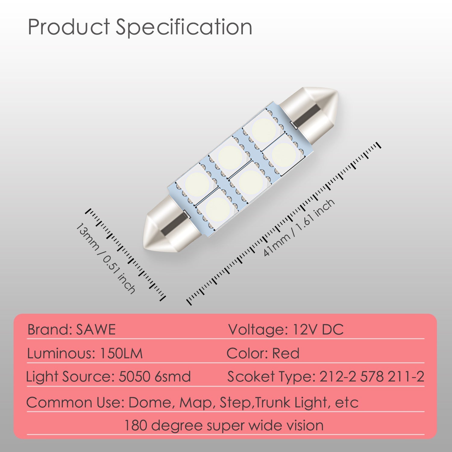 SAWE ® 578 211-2 212-2 41mm 42mm LED Light Bulb 5050 6SMD Interior Dome Map Door Courtesy Trunk Lights - Red SAWE Lighting