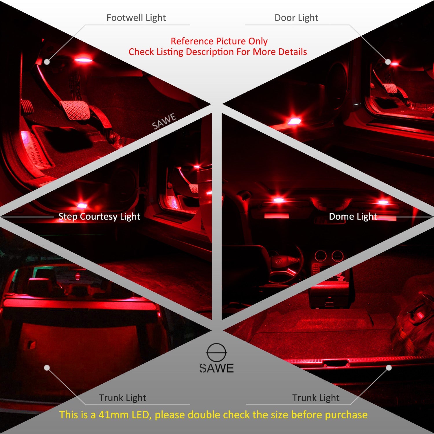 SAWE ® 578 211-2 212-2 41mm 42mm LED Light Bulb 5050 6SMD Interior Dome Map Door Courtesy Trunk Lights - Red SAWE Lighting