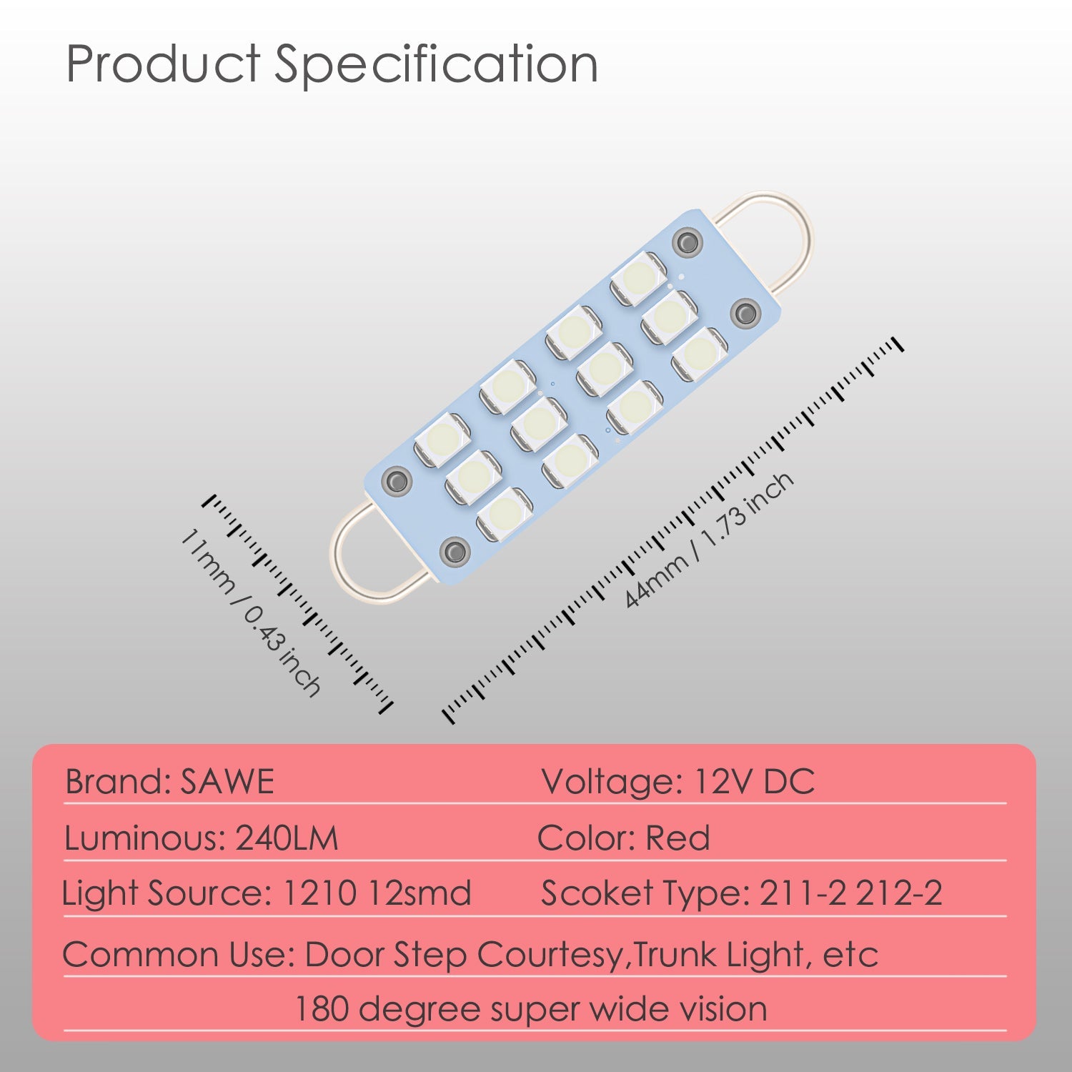 SAWE ® 561 563 567 211-2 212-2 LED Bulb Festoon 44mm 12smd Rigid Loop Interior Door Trunk LED Lights - Red SAWE Lighting