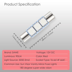 SAWE ® 28mm 3SMD T6 6641 LED Bulbs Sun Visor Vanity Mirror Fuse Lights - Red SAWE Lighting