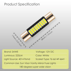 SAWE ® T6 6641 6612F 28mm 9SMD LED Bulbs Sun Visor Vanity Mirror Fuse Lights - 6000K White SAWE Lighting
