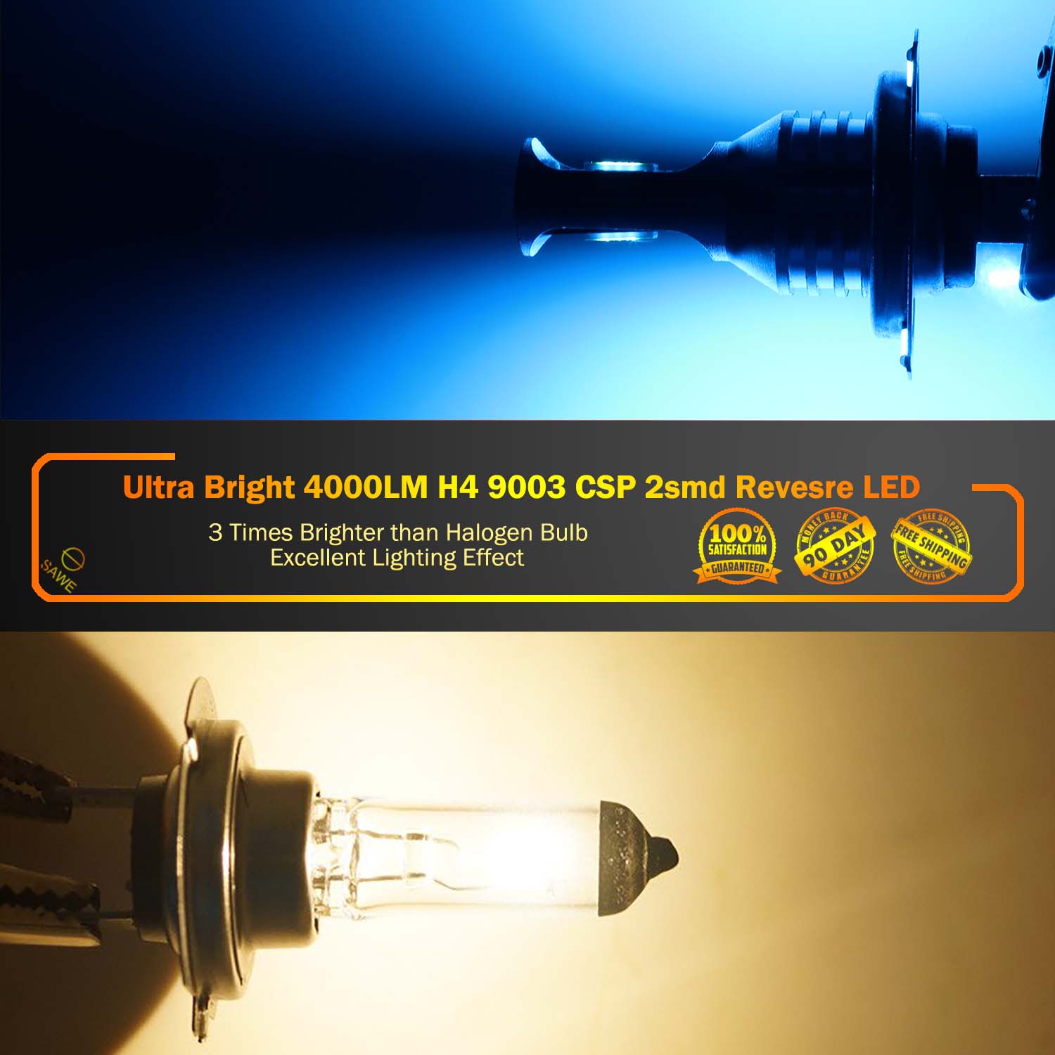 H4 9003 HB2 CSP LED Headlights Bulbs High Low Beam Fog Light Canbus - 8000K Ice Blue SAWE Lighting