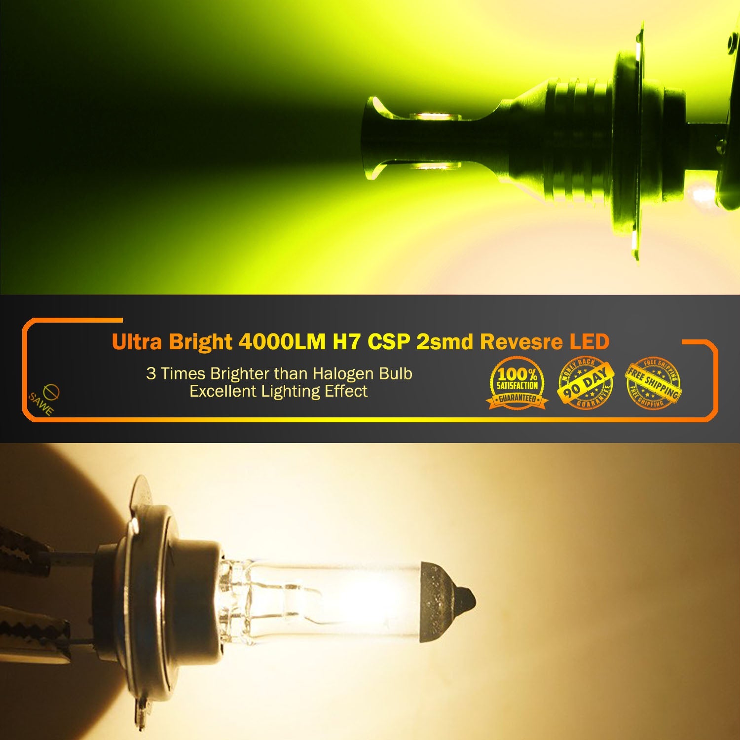H7 CSP LED Headlights Bulbs High Low Beam Fog Light Canbus - 3000K Yellow SAWE Lighting