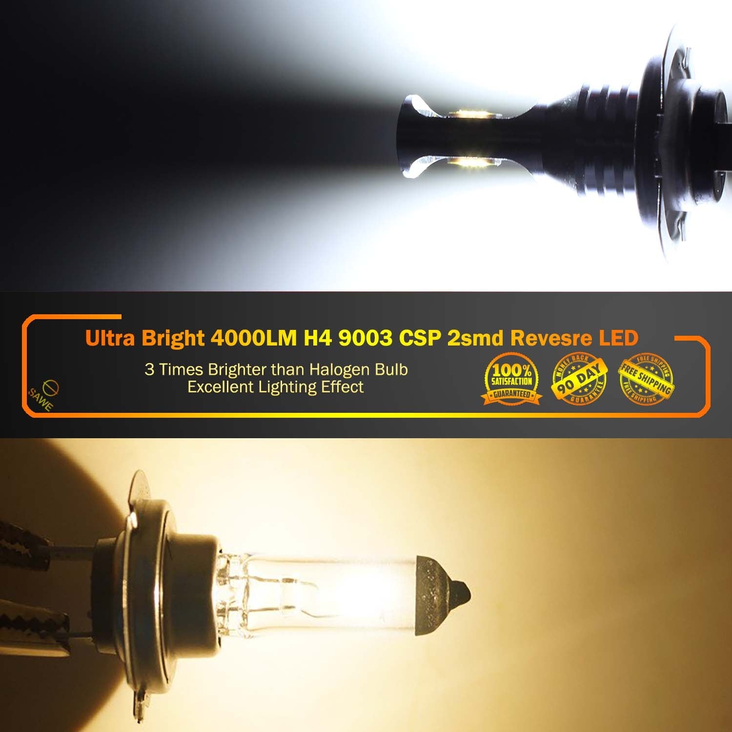 H4 9003 HB2 CSP LED Headlights Bulbs High Low Beam Fog Light Canbus - 6000K White SAWE Lighting