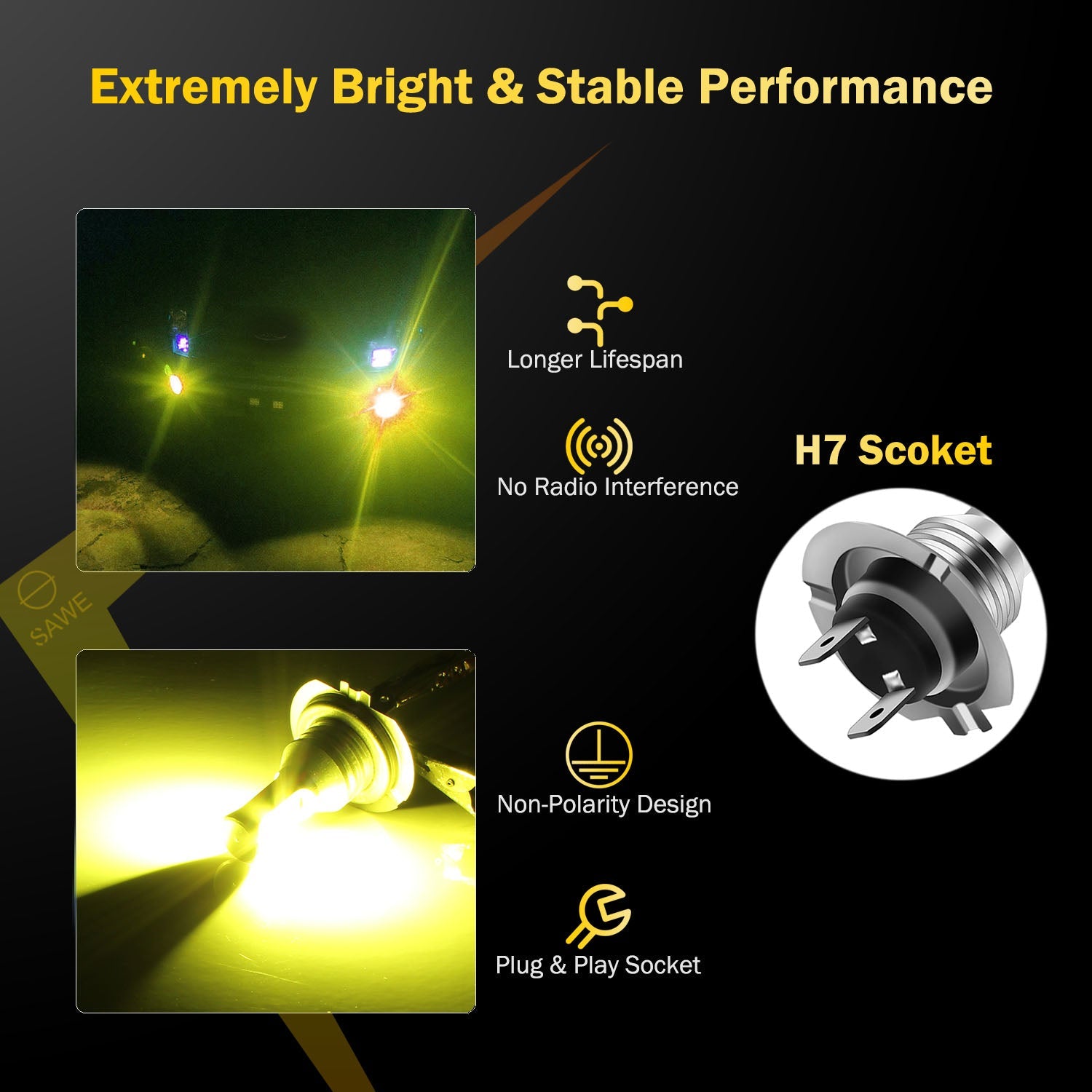 H7 CSP LED Headlights Bulbs High Low Beam Fog Light Canbus - 3000K Yellow SAWE Lighting