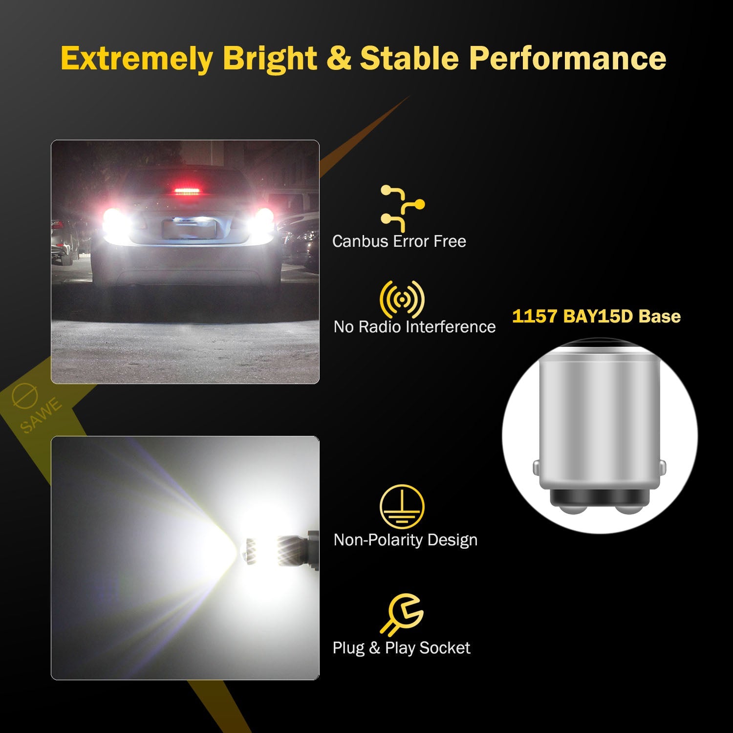 SAWE ® 1157 BAY15D Canbus 16-SMD LED Tail Brake Stop Turn Signal Parking Light Bulbs - 6000K White SAWE Lighting