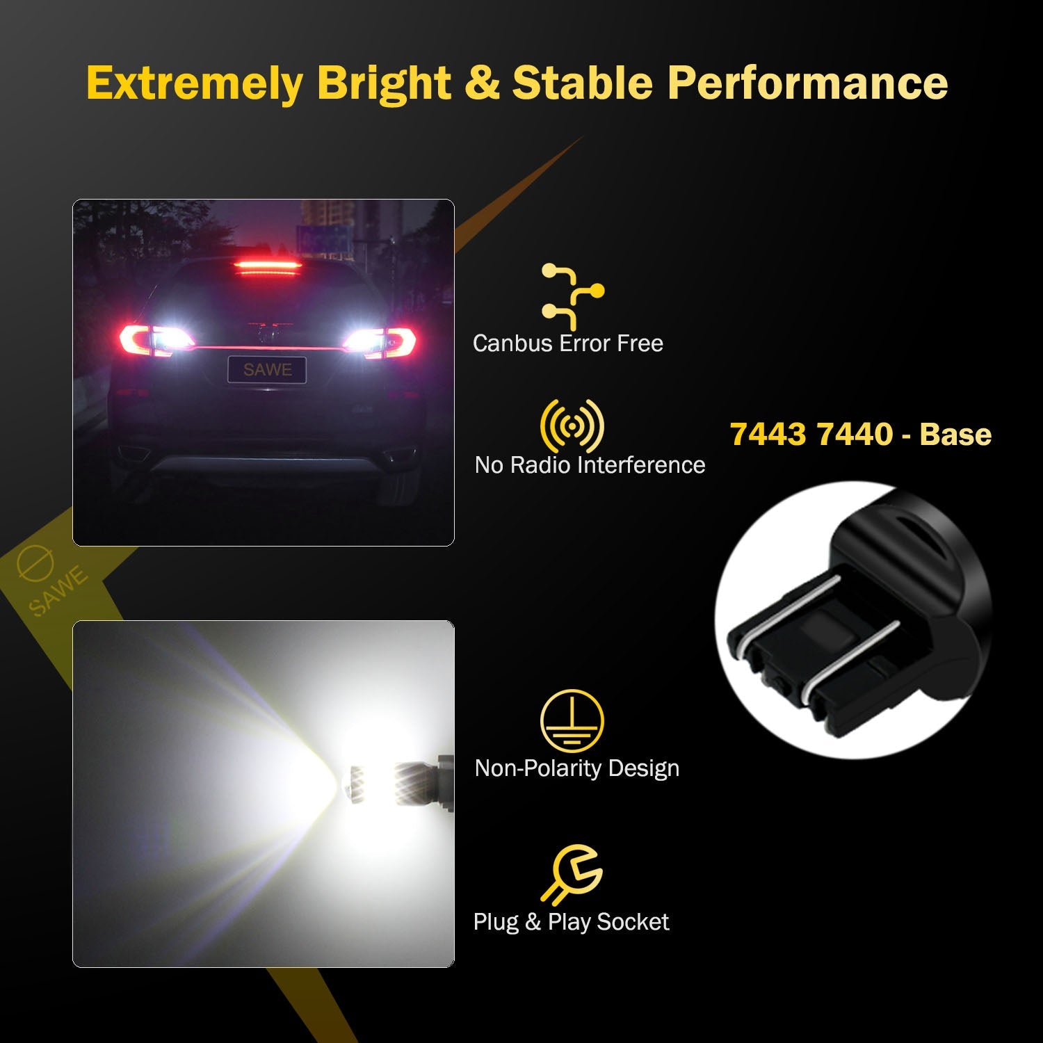 SAWE ® 7443 7440 7444 T20 LED Bulb for Reverse Backup Lights High Mount - 6000K White SAWE Lighting