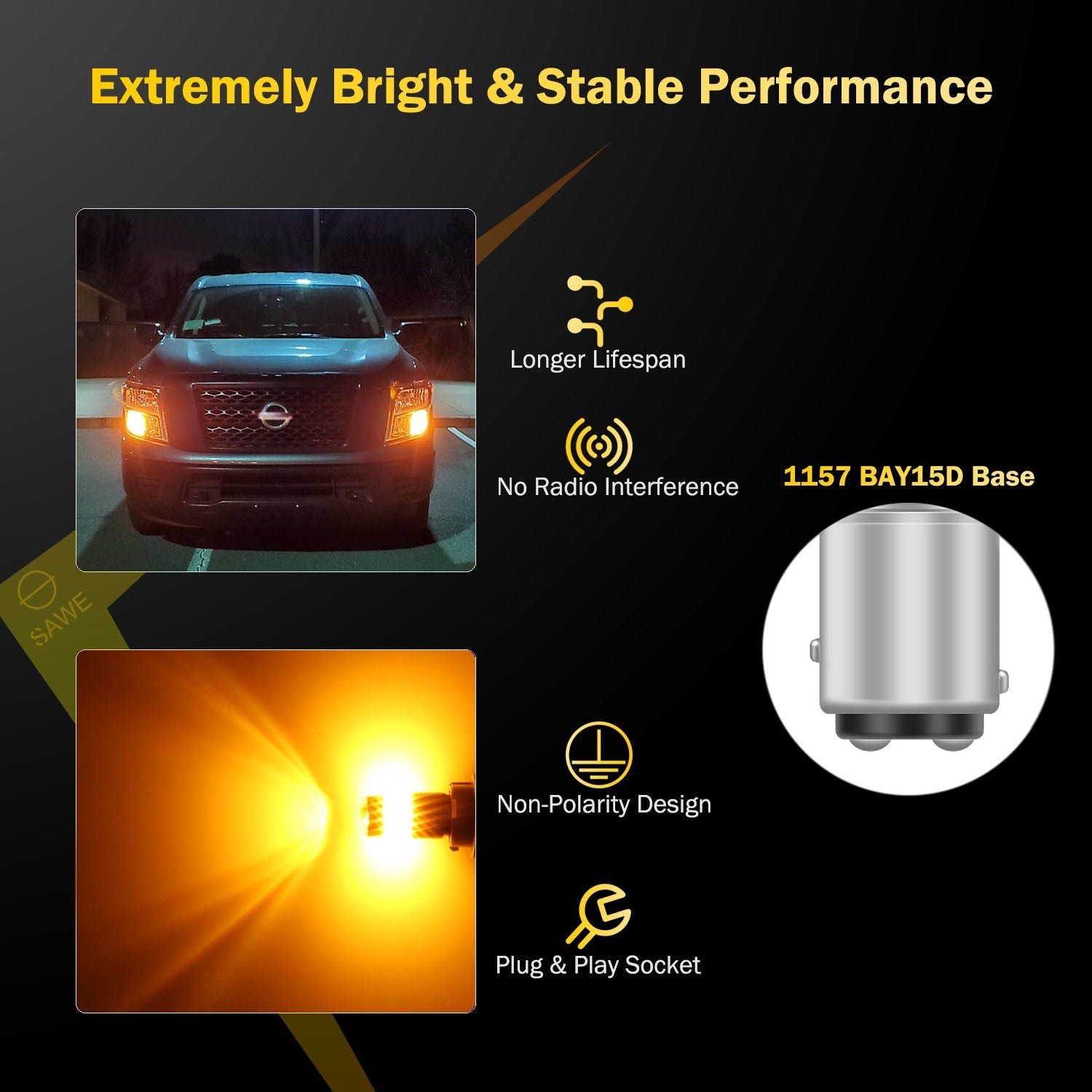 SAWE ® 1157 BAY15D 7528 54-SMD LED Turn Signal Indicator Parking Light Bulbs CANBUS - Amber / Yellow SAWE Lighting
