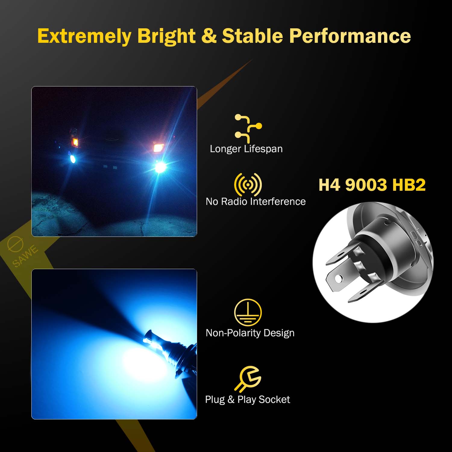 H4 9003 HB2 CSP LED Headlights Bulbs High Low Beam Fog Light Canbus - 8000K Ice Blue SAWE Lighting