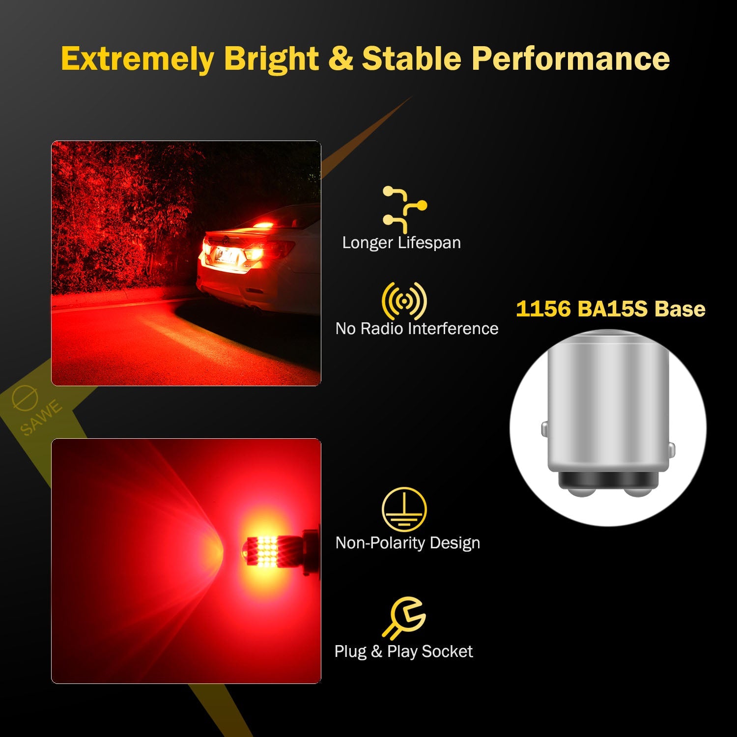 SAWE ® 1157 BAY15D 7528 54-SMD LED Brake Stop Turn Signal Tail Light Bulbs - Red SAWE Lighting