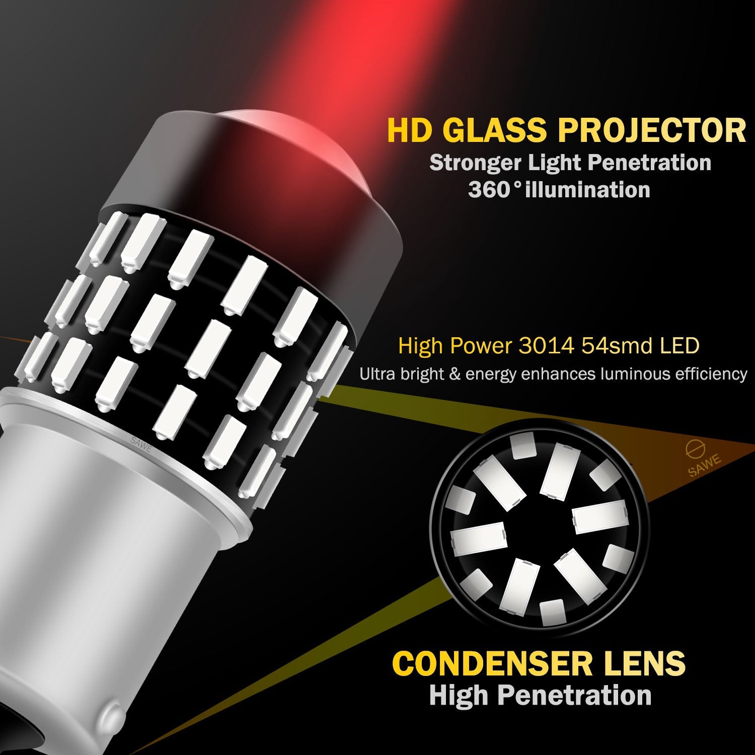 SAWE ® 1157 BAY15D 7528 54-SMD LED Brake Stop Turn Signal Tail Light Bulbs - Red SAWE Lighting