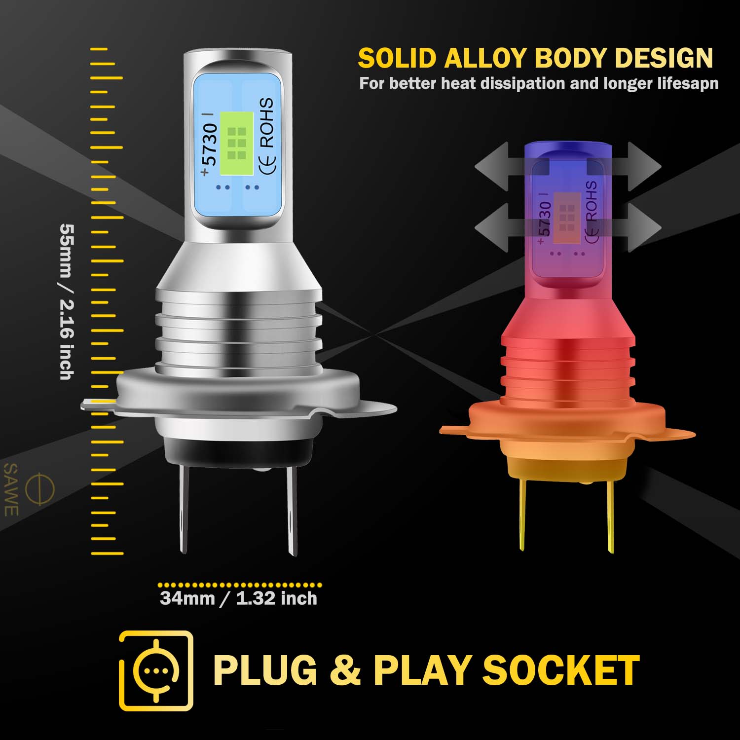 H7 CSP LED Headlights Bulbs High Low Beam Fog Light Canbus - 8000K Ice Blue SAWE Lighting