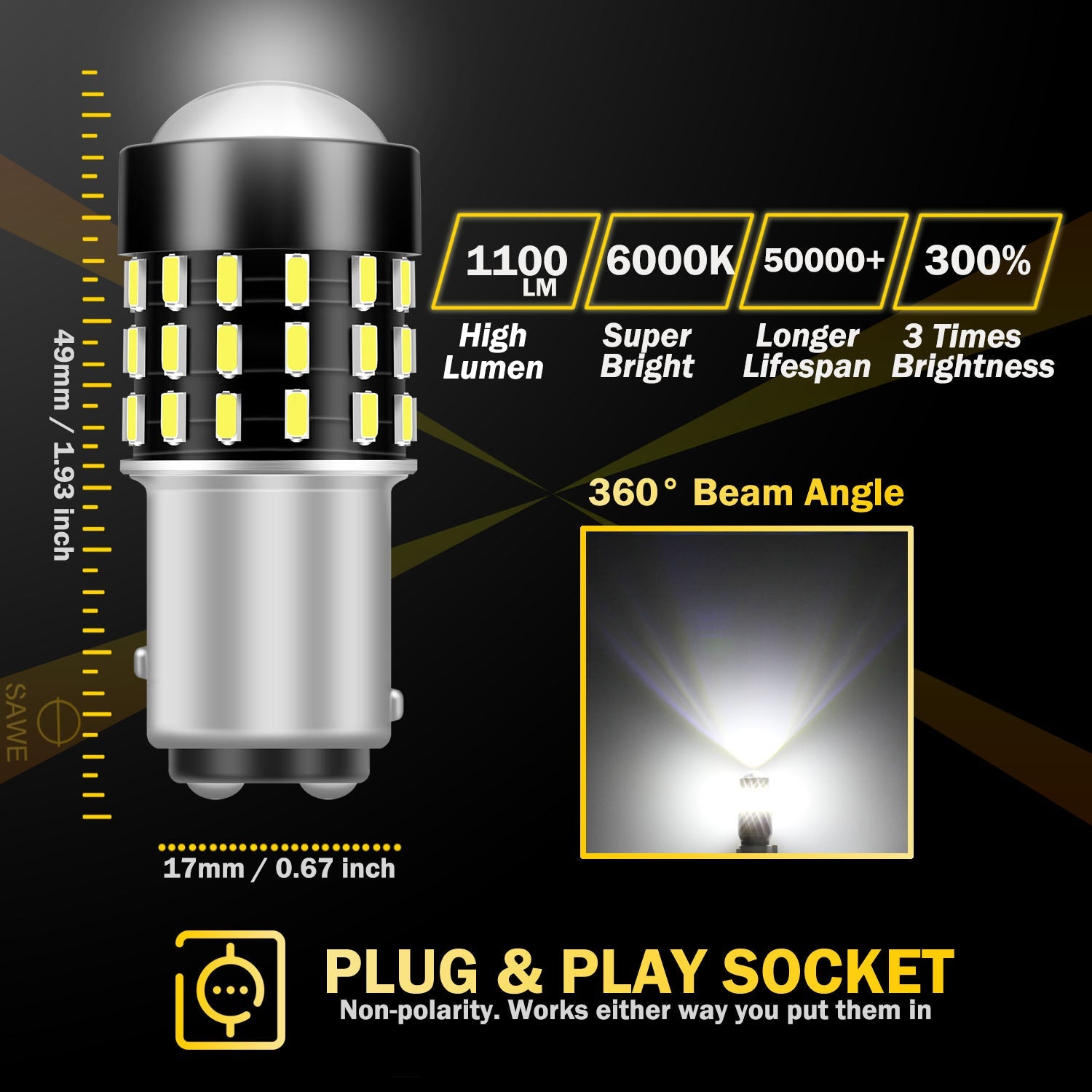 SAWE ® 1157 BAY15D LED Bulb for Reverse Backup Turn Signal Tail Brake Lights Canbus - 6000K White SAWE Lighting