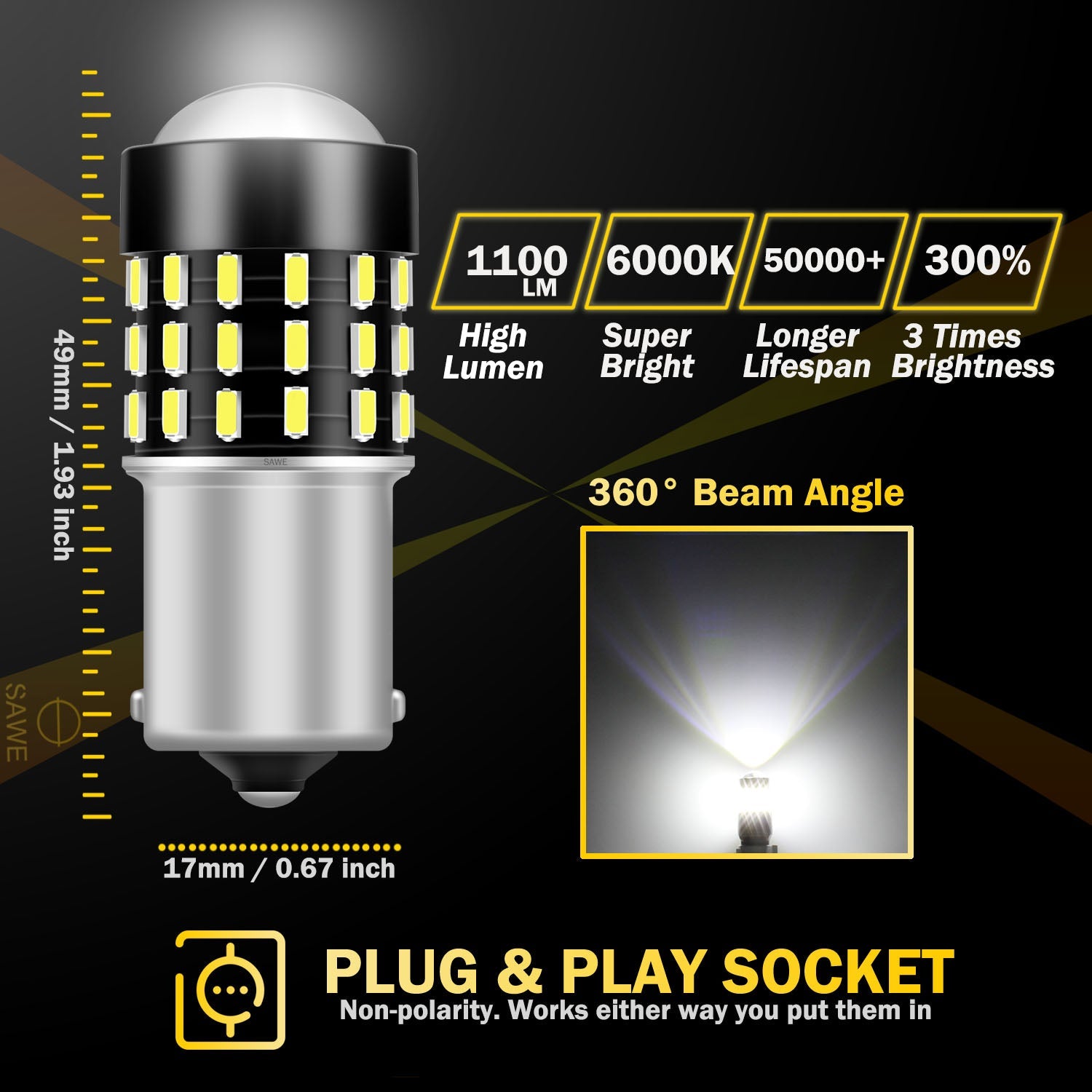 SAWE ® 1156 1073 7506 1141 LED Bulb for Reverse Backup Lights Canbus - 6000K White SAWE Lighting