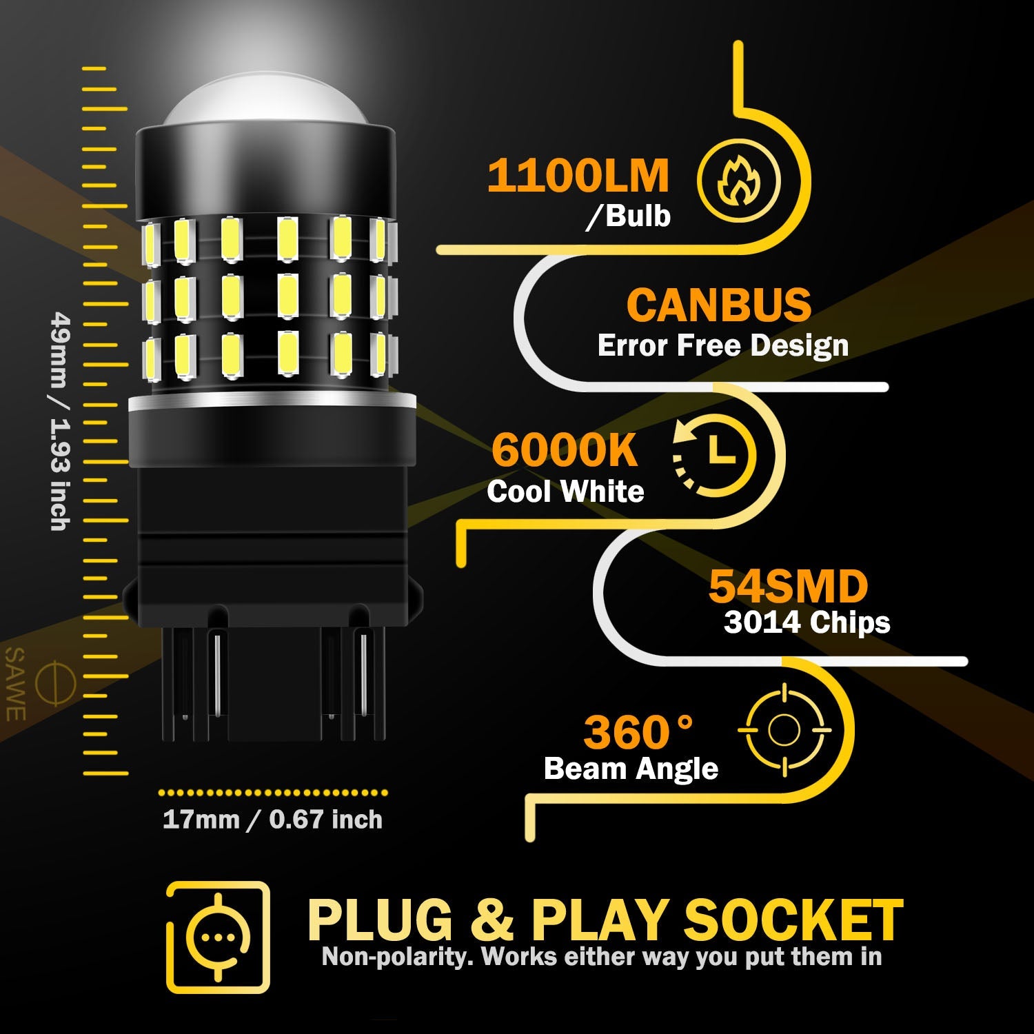SAWE ® 3156 3157 4157 T25 LED Bulb for Reverse Backup Lights High Mount - 6000K White SAWE Lighting