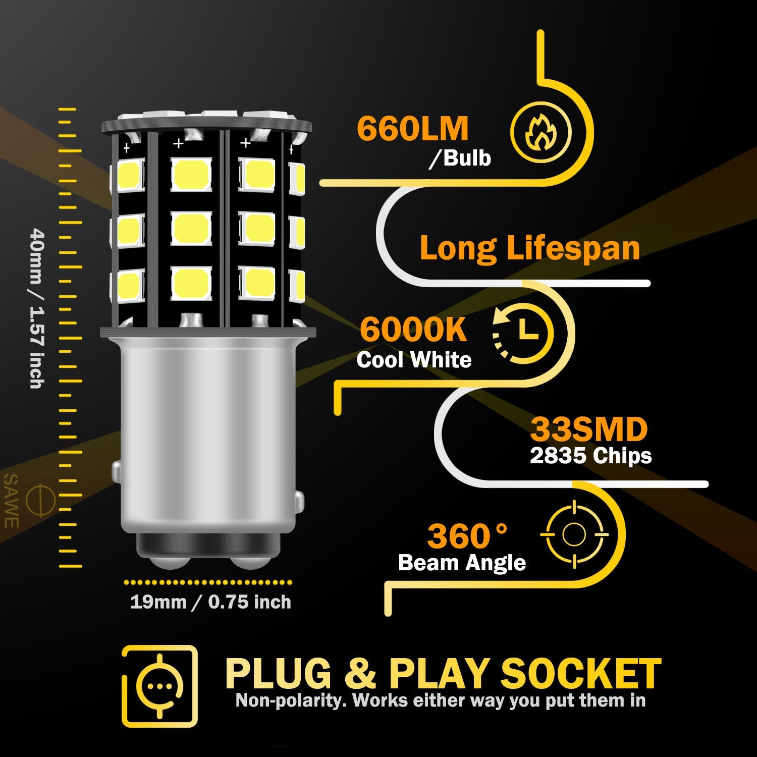 SAWE ® 1157 BAY15D 2057 2357 33-SMD LED Tail Brake Stop Turn Signal Parking Light Bulbs - 6000K White SAWE Lighting