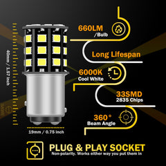 SAWE ® 1157 BAY15D 2057 2357 33-SMD LED Tail Brake Stop Turn Signal Parking Light Bulbs - 6000K White SAWE Lighting