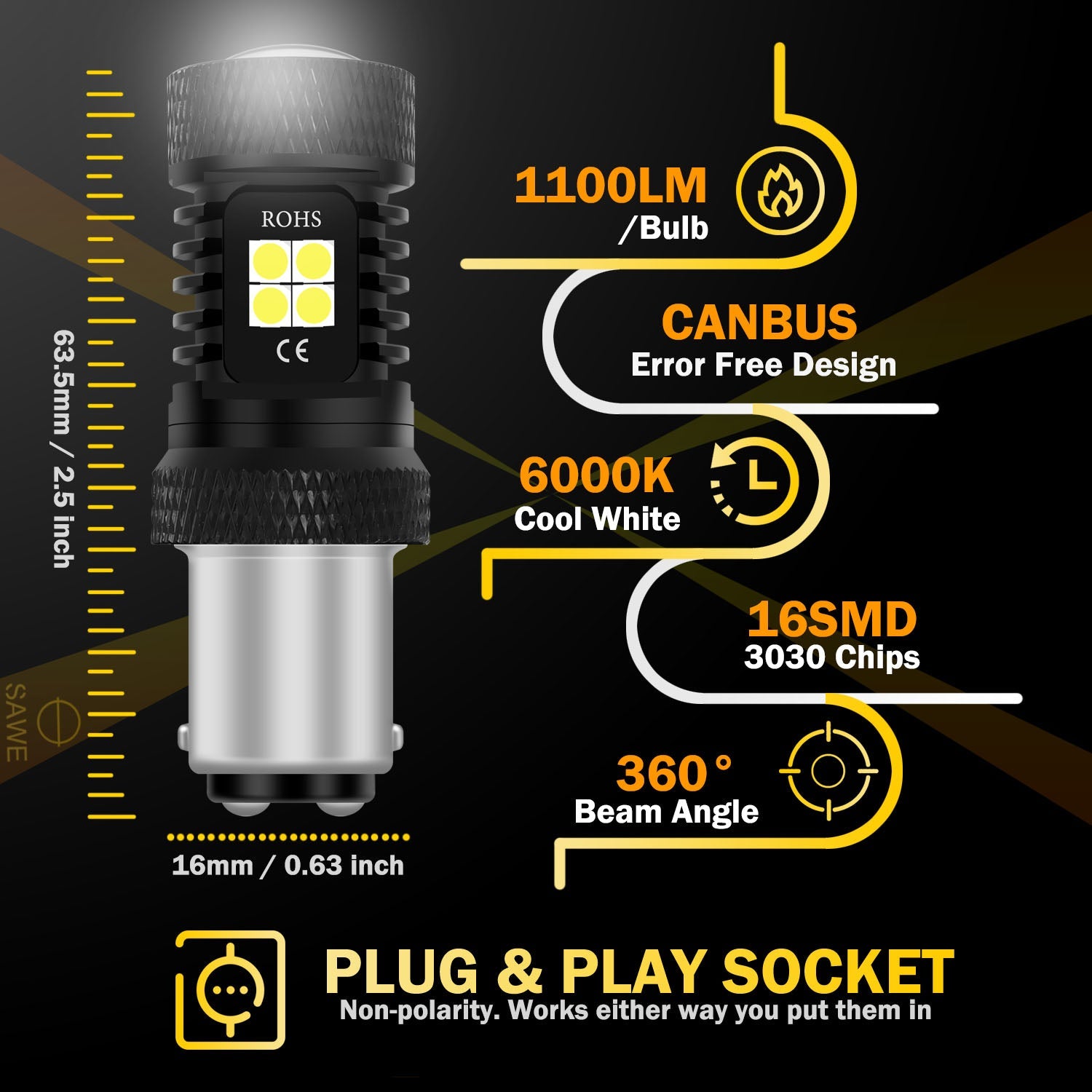SAWE ® 1157 BAY15D Canbus 16-SMD LED Tail Brake Stop Turn Signal Parking Light Bulbs - 6000K White SAWE Lighting