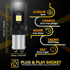 SAWE ® 1157 BAY15D Canbus 16-SMD LED Tail Brake Stop Turn Signal Parking Light Bulbs - 6000K White SAWE Lighting