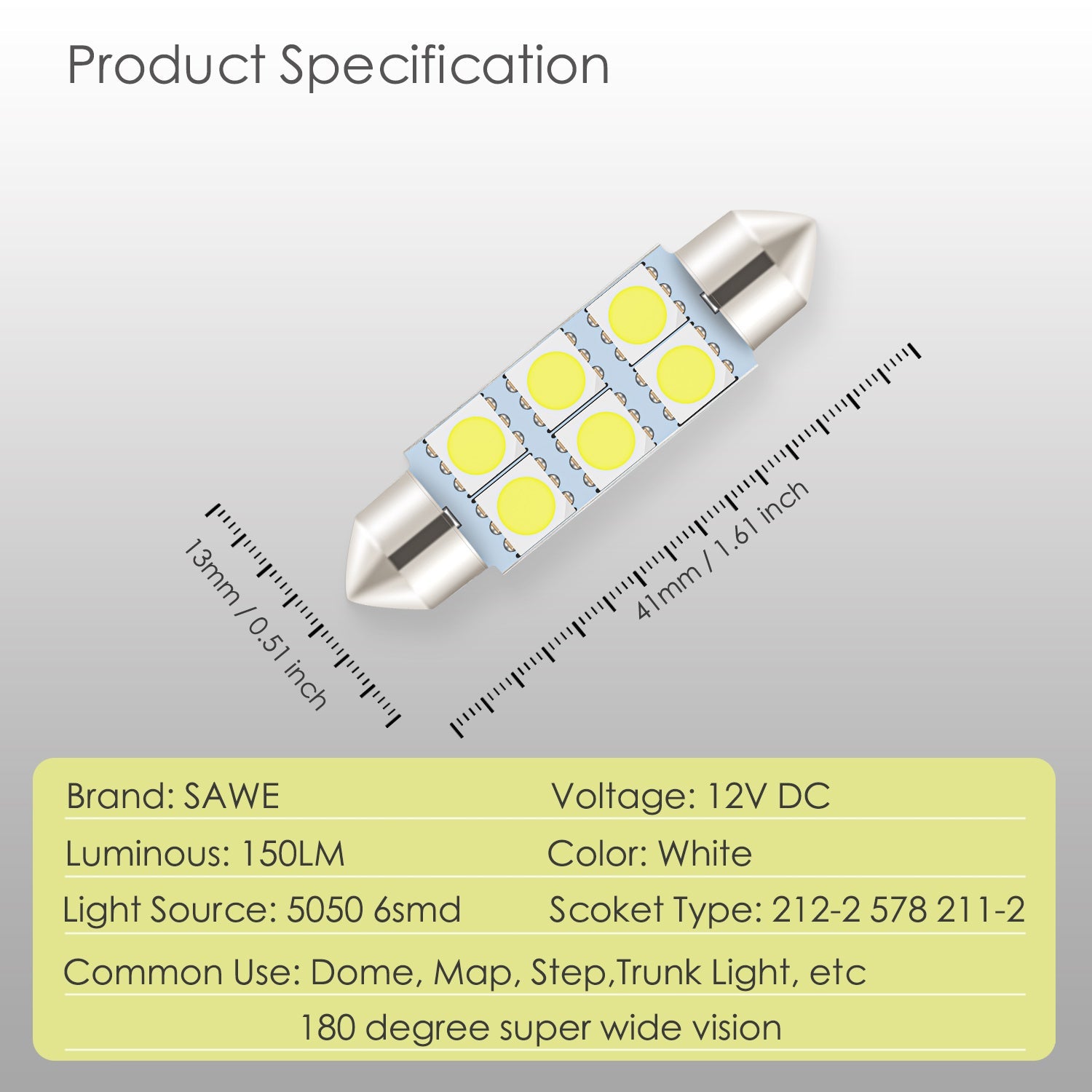 SAWE ® 578 211-2 212-2 41mm 42mm LED Light Bulb 5050 6SMD Interior Dome Map Door Courtesy Trunk Lights - White SAWE Lighting