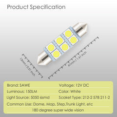 SAWE ® 578 211-2 212-2 41mm 42mm LED Light Bulb 5050 6SMD Interior Dome Map Door Courtesy Trunk Lights - White SAWE Lighting
