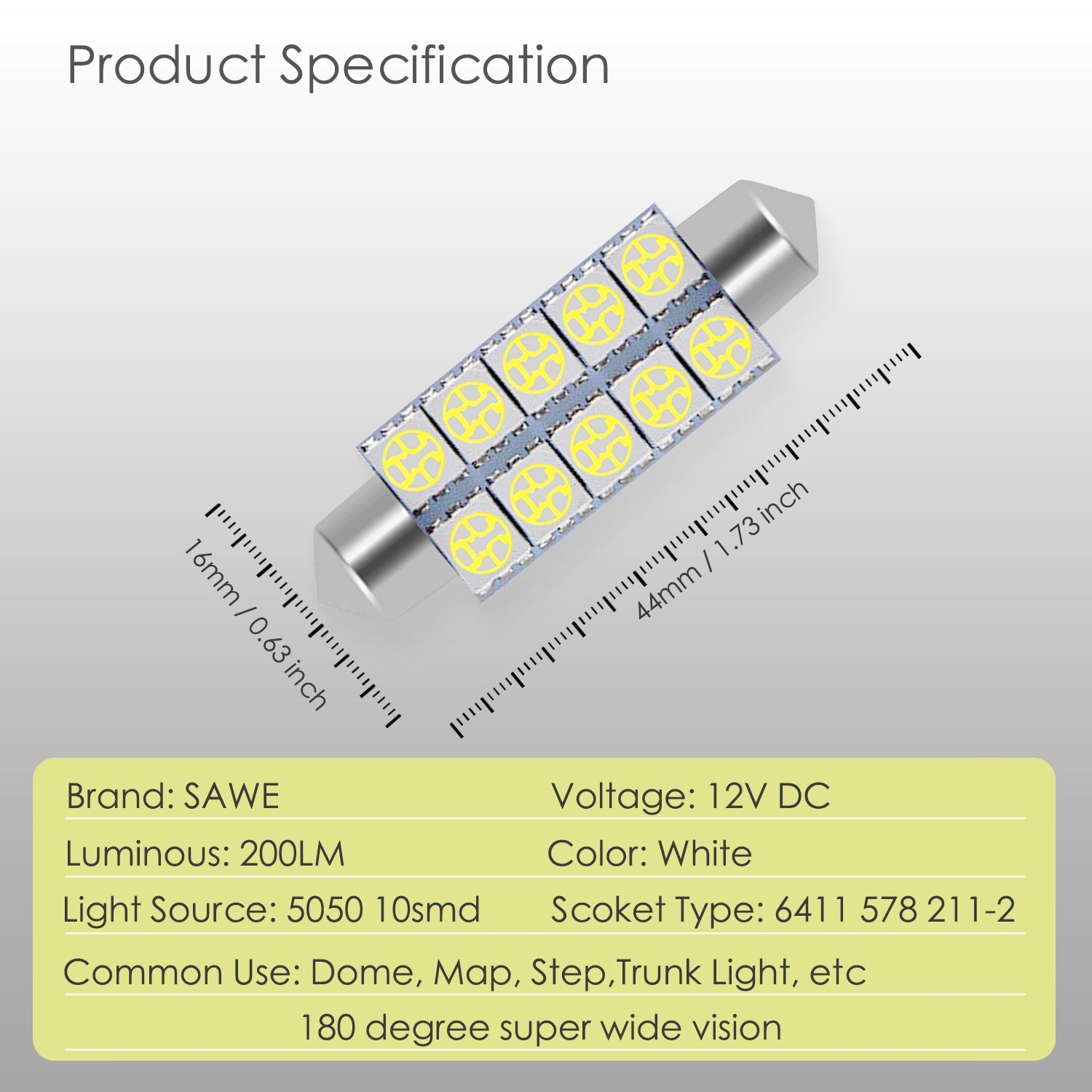 SAWE ® 578 211-2 212-2 44mm LED Bulb 5050 10SMD Interior Dome Map Door Courtesy Light Trunk Lights - White SAWE Lighting