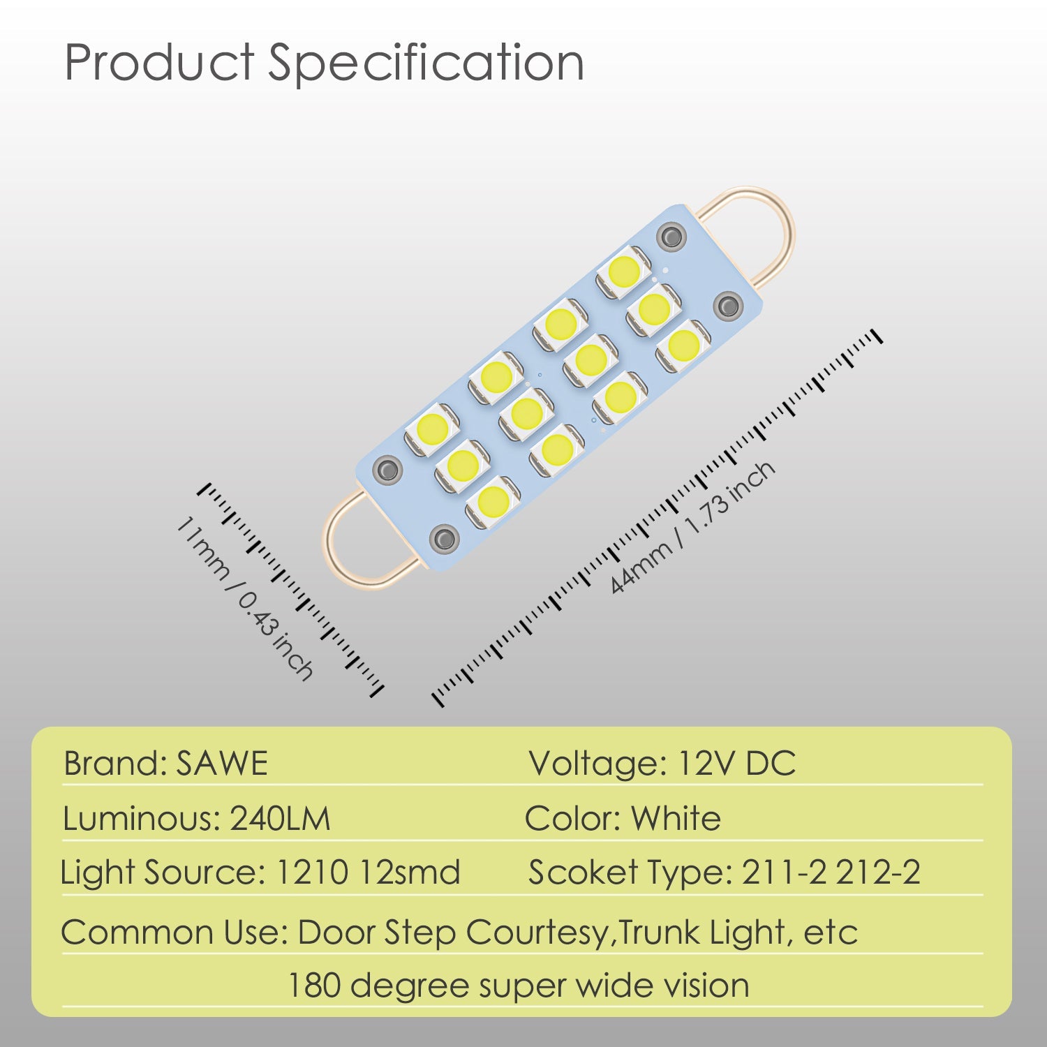 SAWE ® 561 563 567 211-2 212-2 LED Bulb Festoon 44mm 12smd Rigid Loop Interior Door Trunk LED Lights - White SAWE Lighting