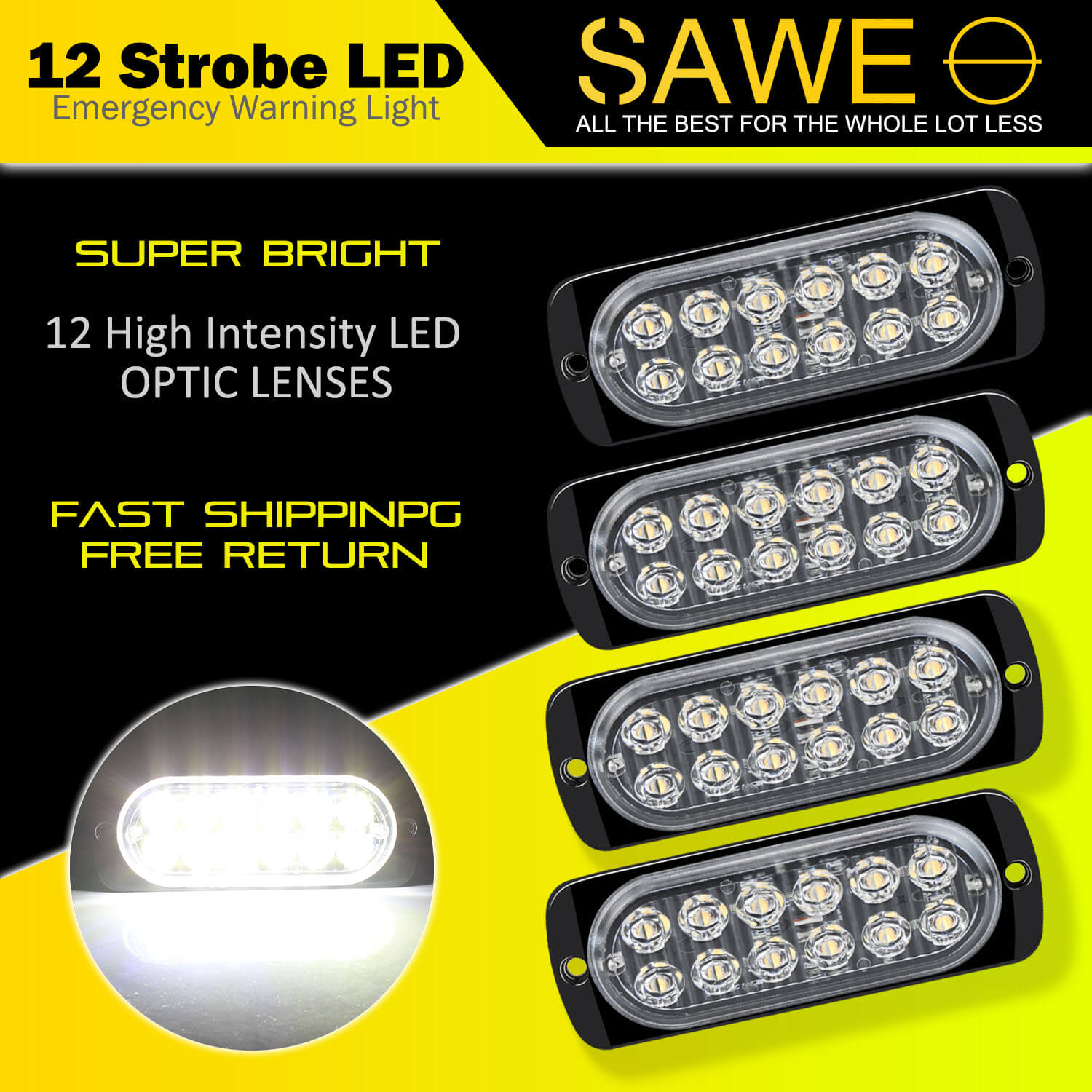 Emergency LED Strobe Lights Bar for Offroad Car Truck Warning Hazard Flash Grille and Surface Mount Light - White 12-LED SAWE Lighting