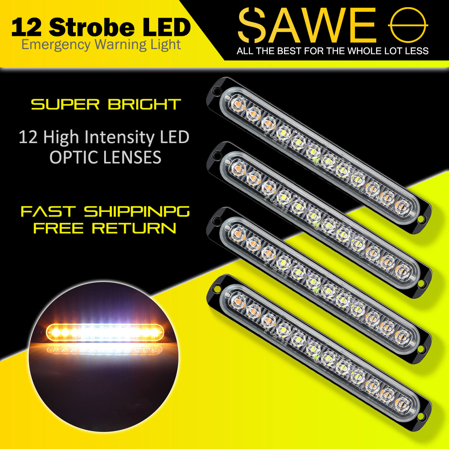 Emergency LED Strobe Lights Bar for Offroad Car Truck Warning Hazard Flash Grille and Surface Mount Light - Amber / White 12-LED SAWE Lighting
