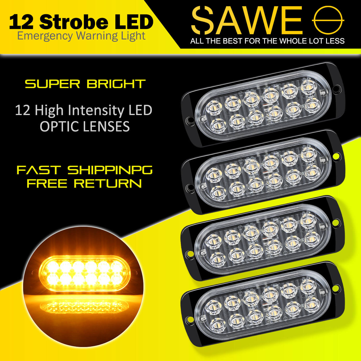 Emergency LED Strobe Lights Bar for Offroad Car Truck Warning Hazard Flash Grille and Surface Mount Light - Amber 12-LED SAWE Lighting