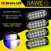 Emergency LED Strobe Lights Bar for Offroad Car Truck Warning Hazard Flash Grille and Surface Mount Light - Blue / White 12-LED SAWE Lighting
