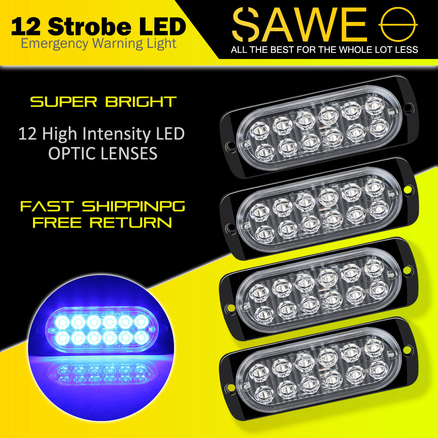 Emergency LED Strobe Lights Bar for Offroad Car Truck Warning Hazard Flash Grille and Surface Mount Light - Blue 12-LED SAWE Lighting