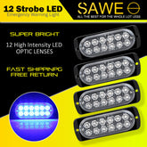 Emergency LED Strobe Lights Bar for Offroad Car Truck Warning Hazard Flash Grille and Surface Mount Light - Blue 12-LED SAWE Lighting