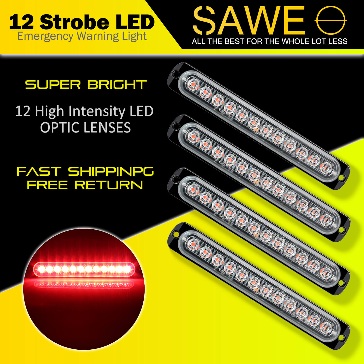 Emergency LED Strobe Lights Bar for Offroad Car Truck Warning Hazard Flash Grille and Surface Mount Light - Red 12-LED SAWE Lighting