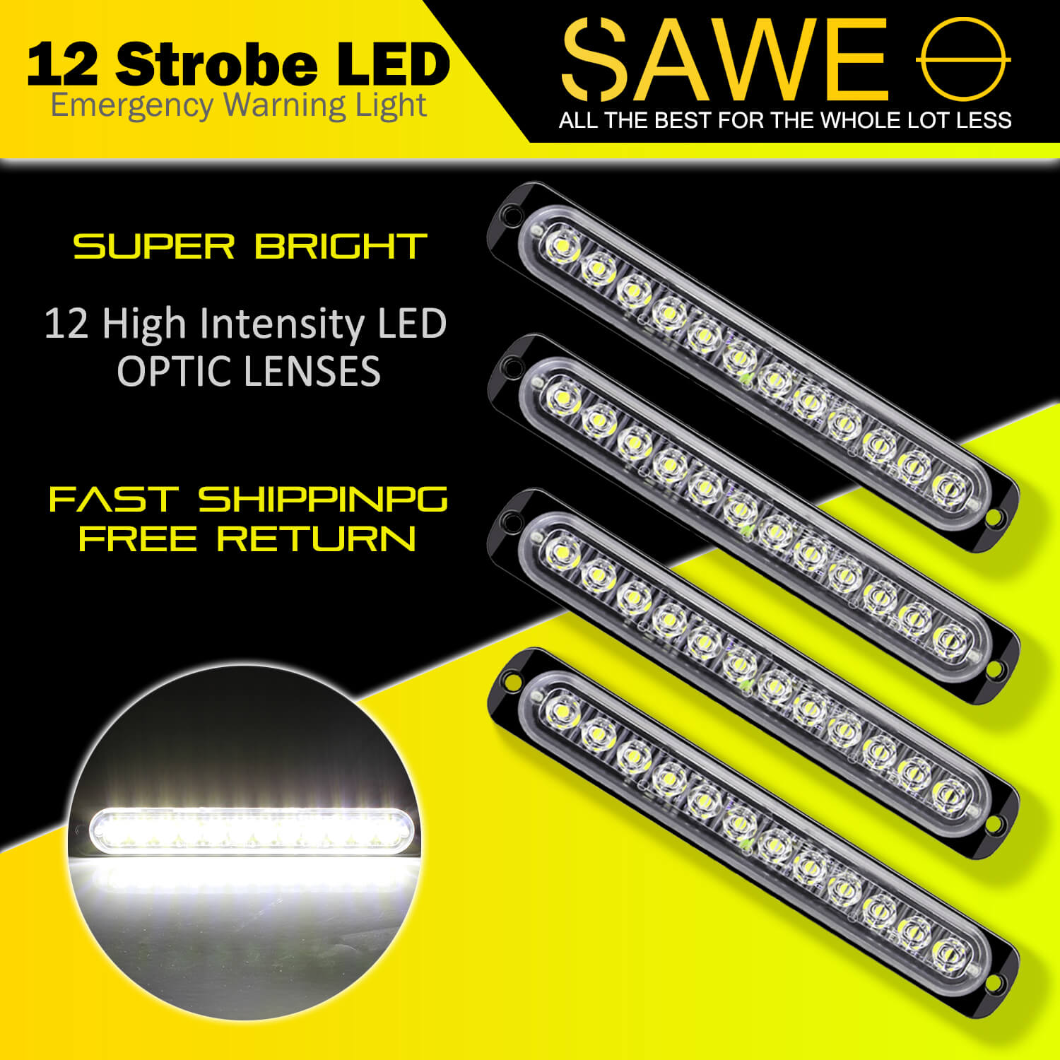 Emergency LED Strobe Lights Bar for Offroad Car Truck Warning Hazard Flash Grille and Surface Mount Light - White 12-LED SAWE Lighting
