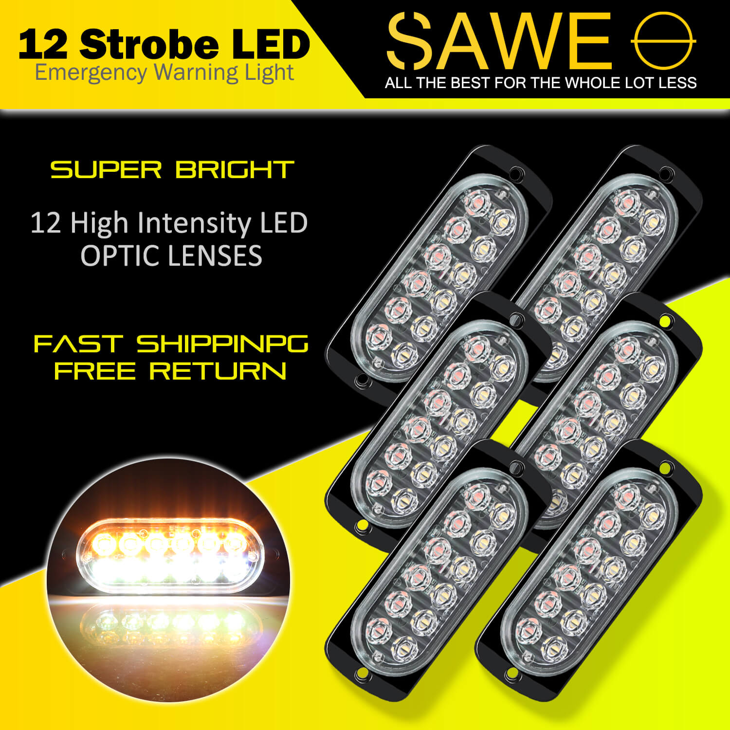 Emergency LED Strobe Lights Bar for Offroad Car Truck Warning Hazard Flash Grille and Surface Mount Light - Amber / White 12-LED SAWE Lighting