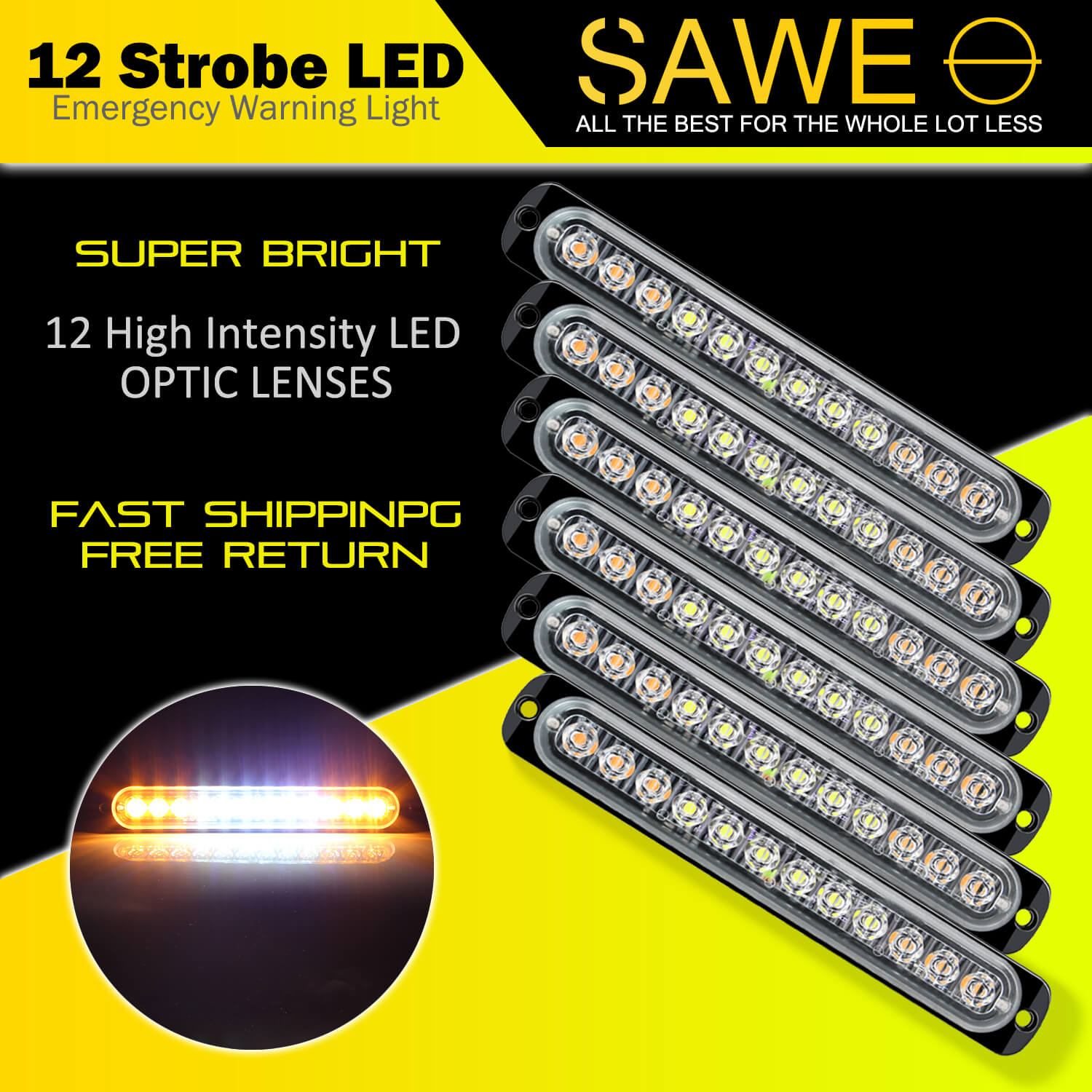 Emergency LED Strobe Lights Bar for Offroad Car Truck Warning Hazard Flash Grille and Surface Mount Light - Amber / White 12-LED SAWE Lighting