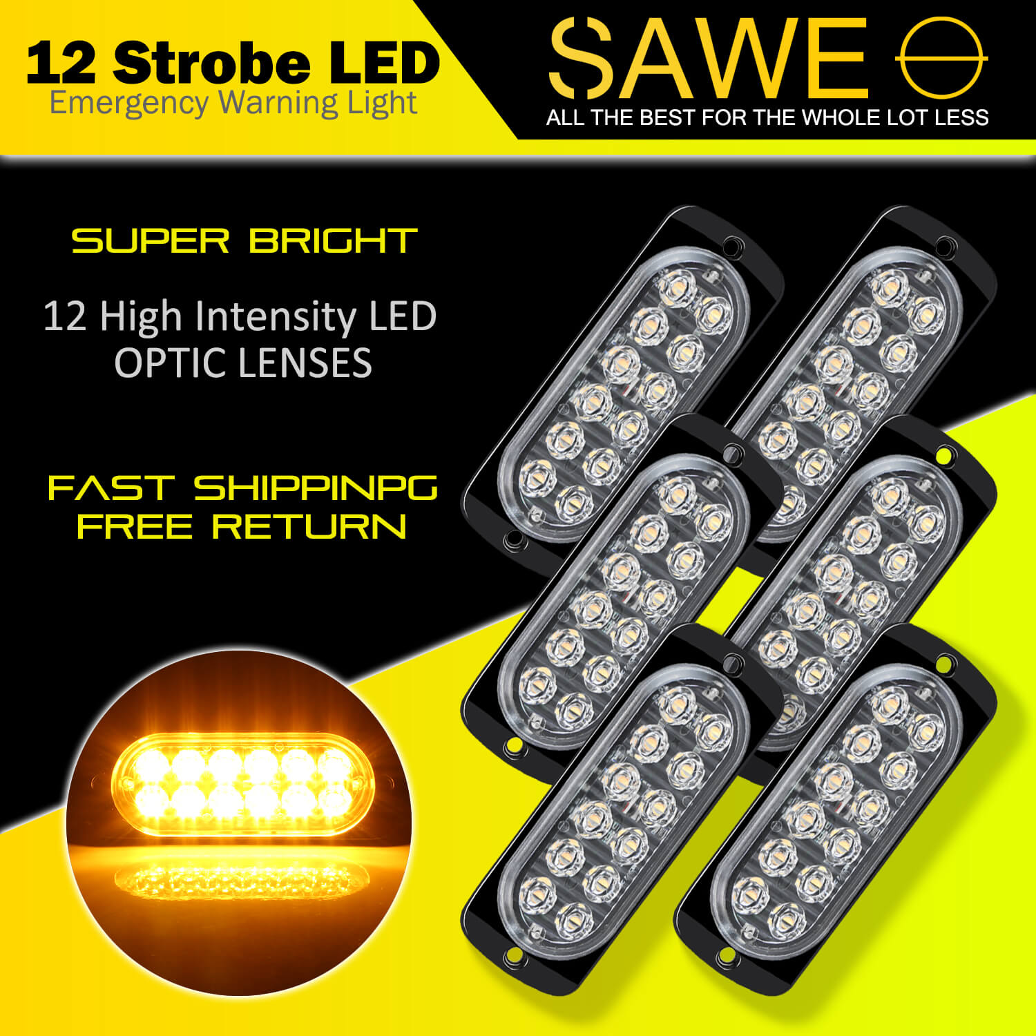 Emergency LED Strobe Lights Bar for Offroad Car Truck Warning Hazard Flash Grille and Surface Mount Light - Amber 12-LED SAWE Lighting