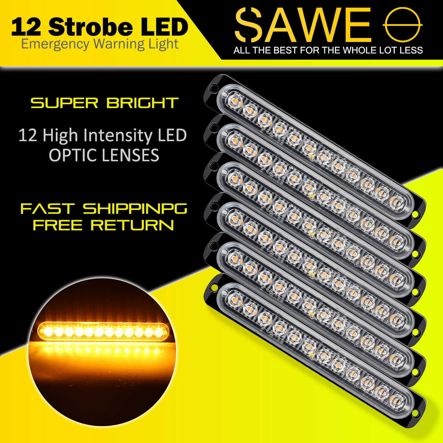 Emergency LED Strobe Lights Bar for Offroad Car Truck Warning Hazard Flash Grille and Surface Mount Light - Amber 12-LED SAWE Lighting