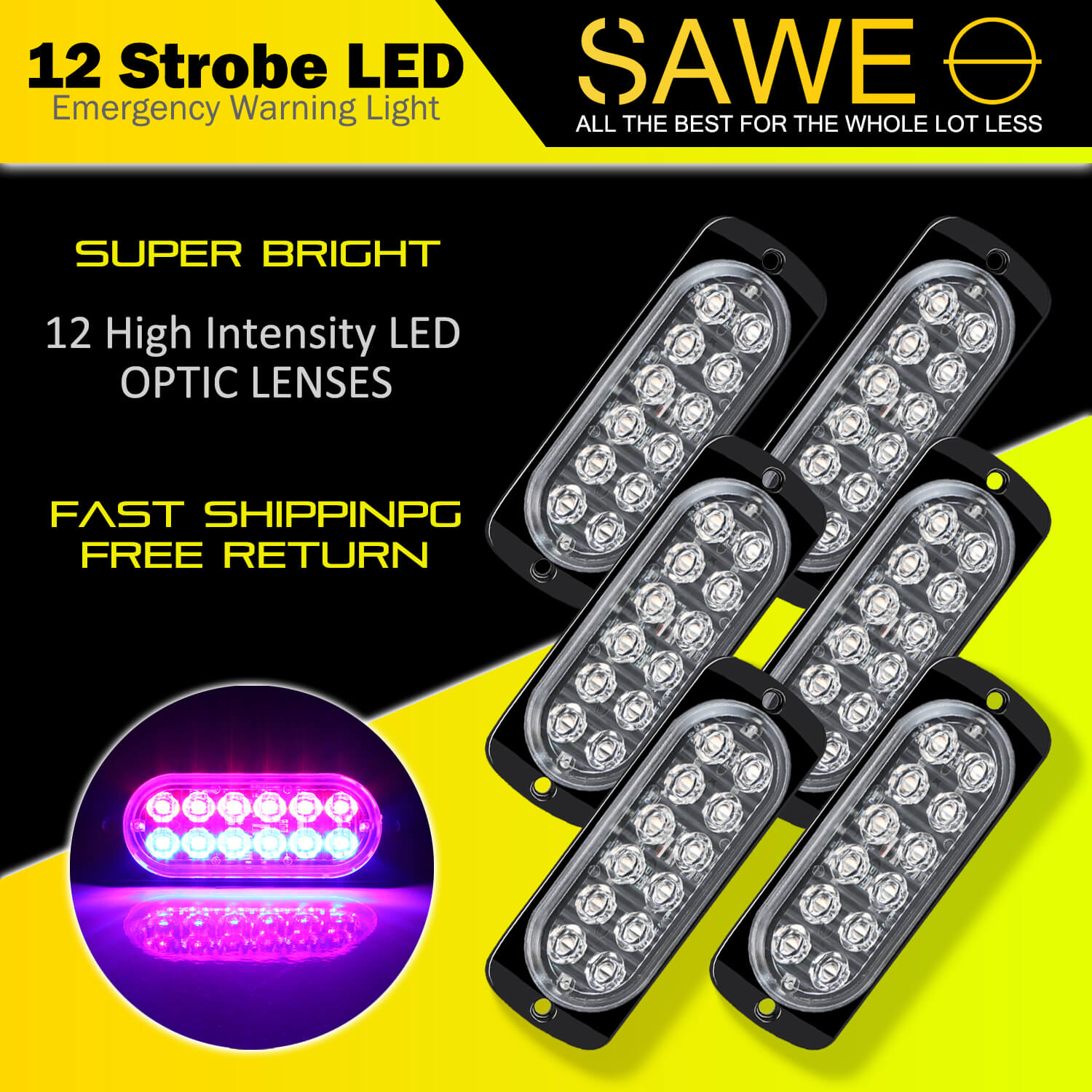 Emergency LED Strobe Lights Bar for Offroad Car Truck Warning Hazard Flash Grille and Surface Mount Light - Red / Blue 12-LED SAWE Lighting