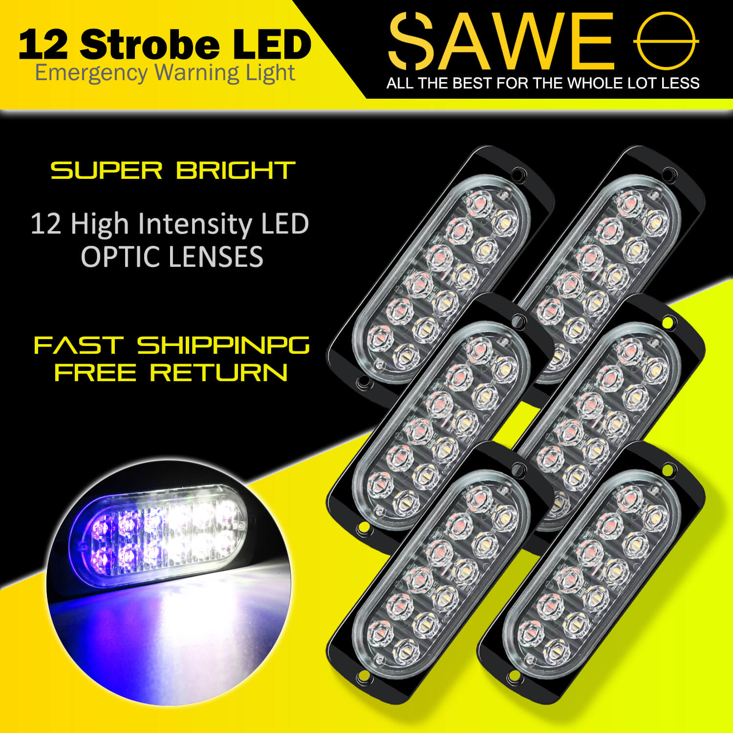 Emergency LED Strobe Lights Bar for Offroad Car Truck Warning Hazard Flash Grille and Surface Mount Light - Blue / White 12-LED SAWE Lighting