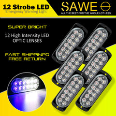 Emergency LED Strobe Lights Bar for Offroad Car Truck Warning Hazard Flash Grille and Surface Mount Light - Blue / White 12-LED SAWE Lighting