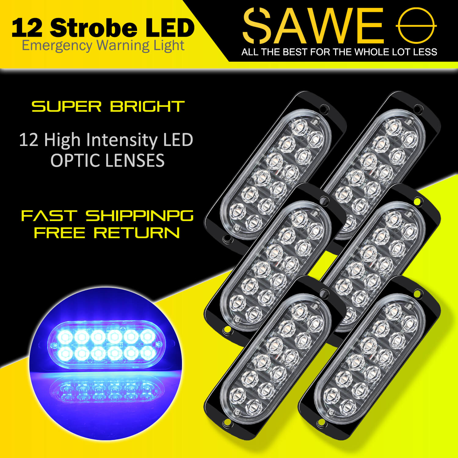 Emergency LED Strobe Lights Bar for Offroad Car Truck Warning Hazard Flash Grille and Surface Mount Light - Blue 12-LED SAWE Lighting