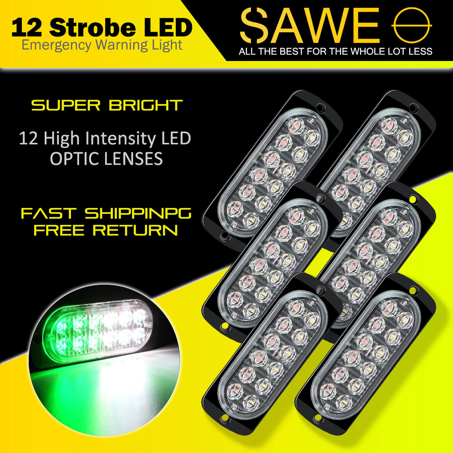 Emergency LED Strobe Lights Bar for Offroad Car Truck Warning Hazard Flash Grille and Surface Mount Light - Green / White 12-LED SAWE Lighting