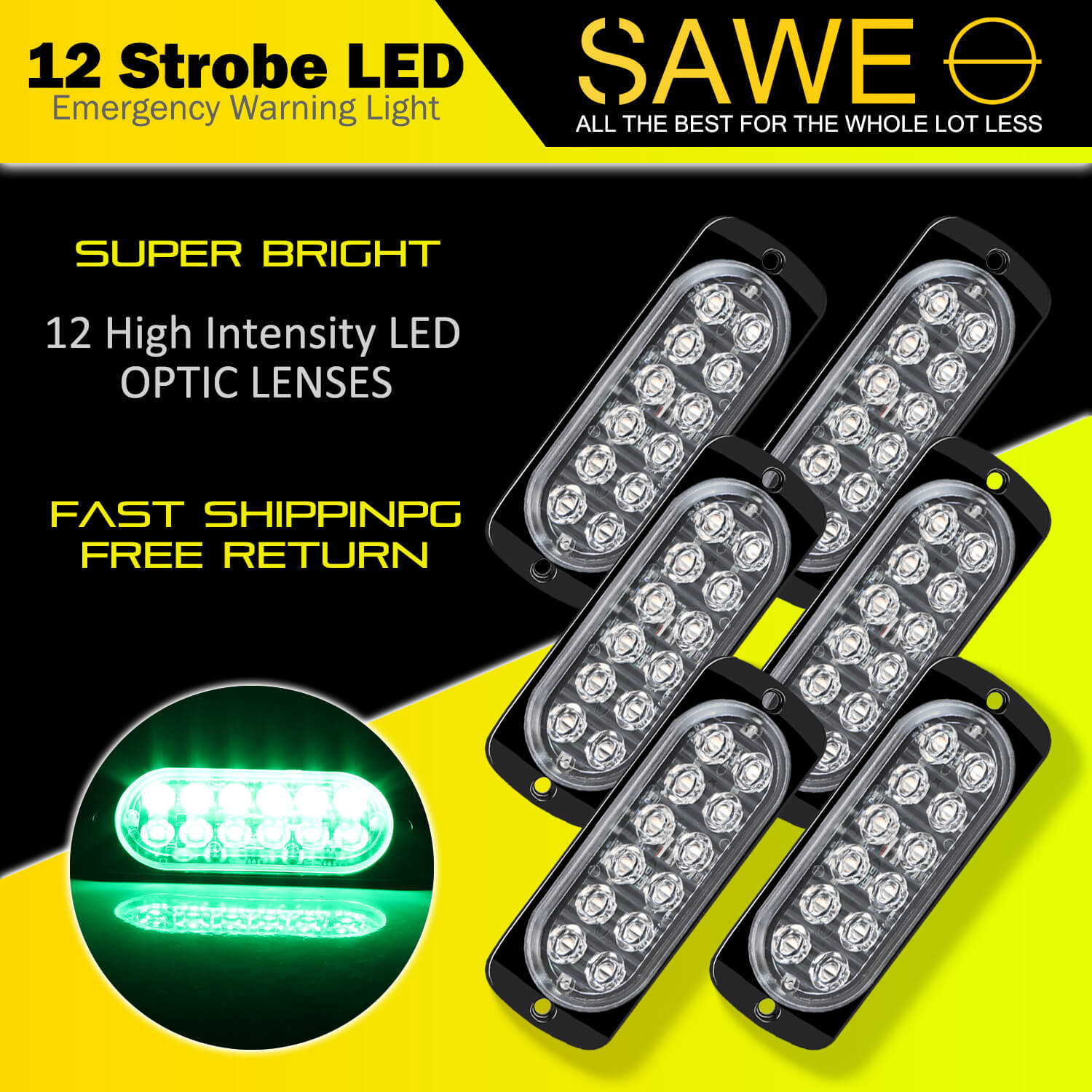 Emergency LED Strobe Lights Bar for Offroad Car Truck Warning Hazard Flash Grille and Surface Mount Light - Green 12-LED SAWE Lighting