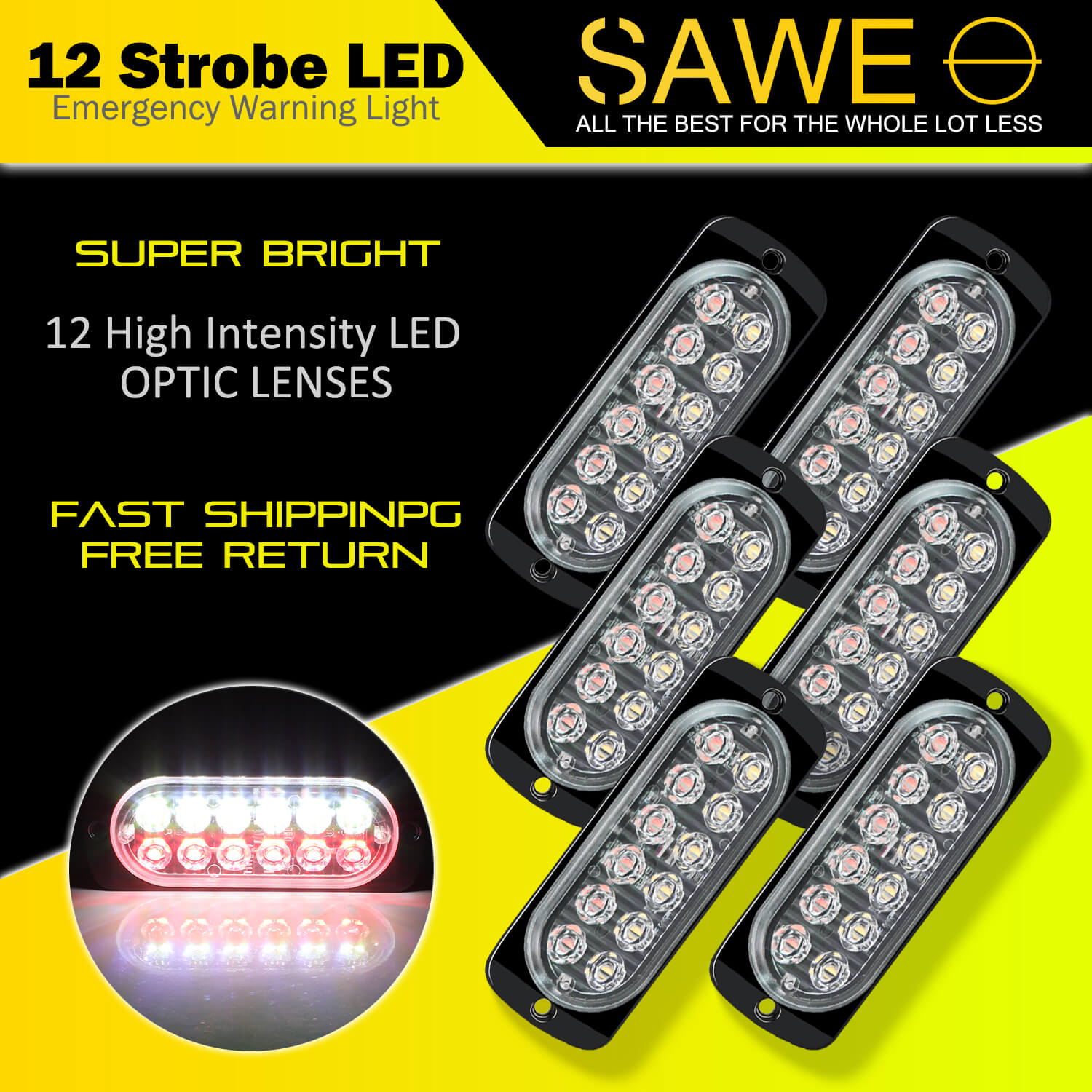 Emergency LED Strobe Lights Bar for Offroad Car Truck Warning Hazard Flash Grille and Surface Mount Light - Red / White 12-LED SAWE Lighting